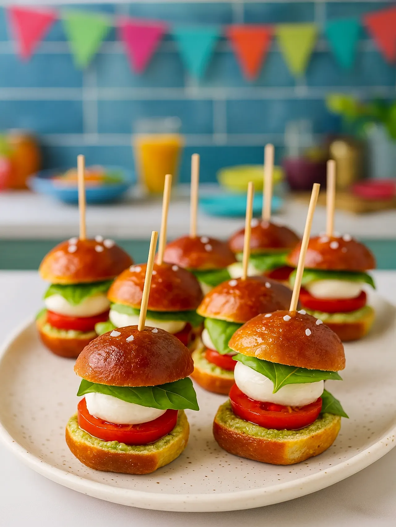 Mini sandwiches de pan pretzel con mozzarella, tomate y albahaca sobre plato cerámico en cocina colorida.
