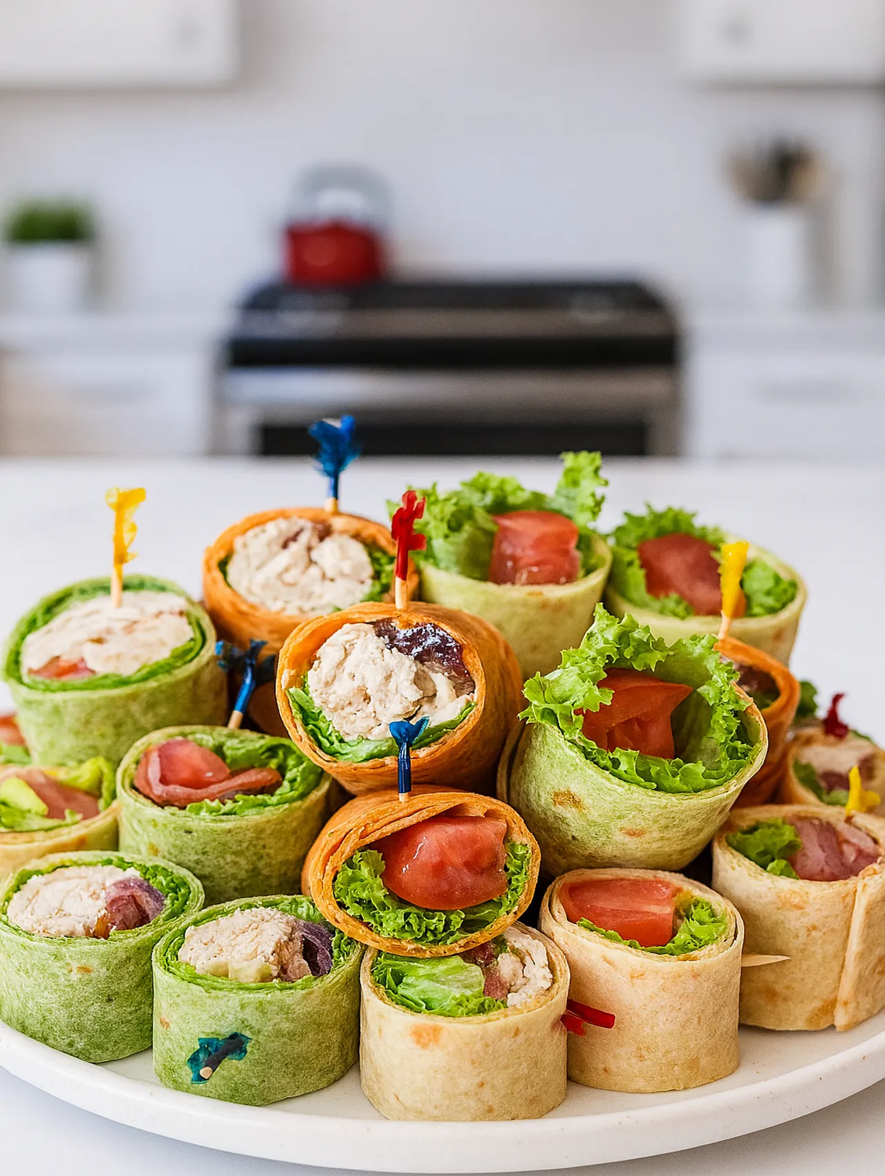 Mini wraps con pollo, tomate y lechuga enrollados en tortillas de colores sobre plato de cerámica.