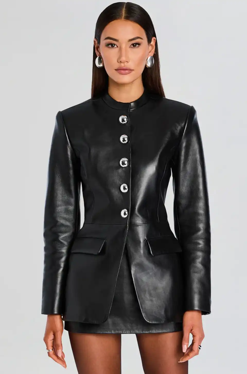 Black leather blazer with modern structured design and button accents