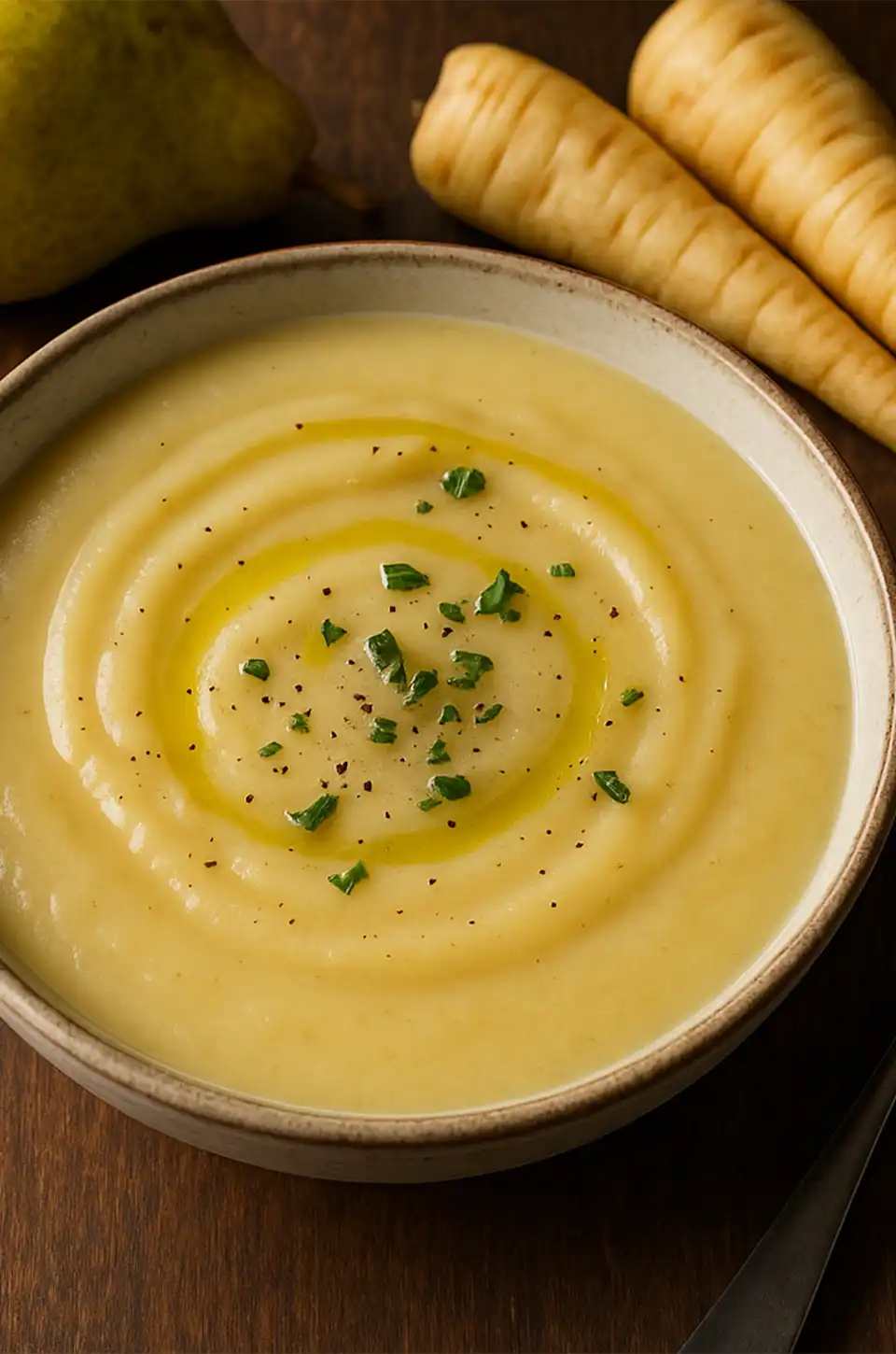 Creamy parsnip and pear soup garnished with fresh herbs – fall soup recipes