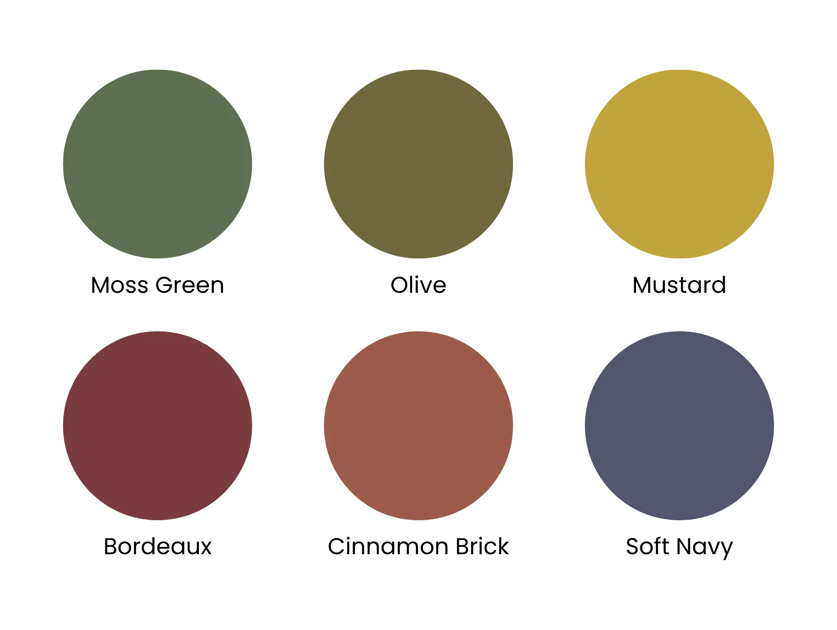 Darker muted tones in the Soft Autumn Color Palette shown as circles, including moss green, bordeaux, mustard and soft navy