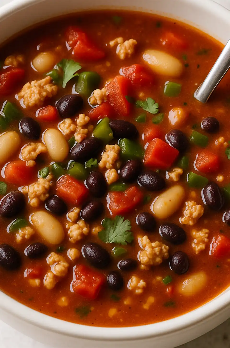 Bowl of turkey chili with beans, tomatoes, and herbs – fall soup recipes