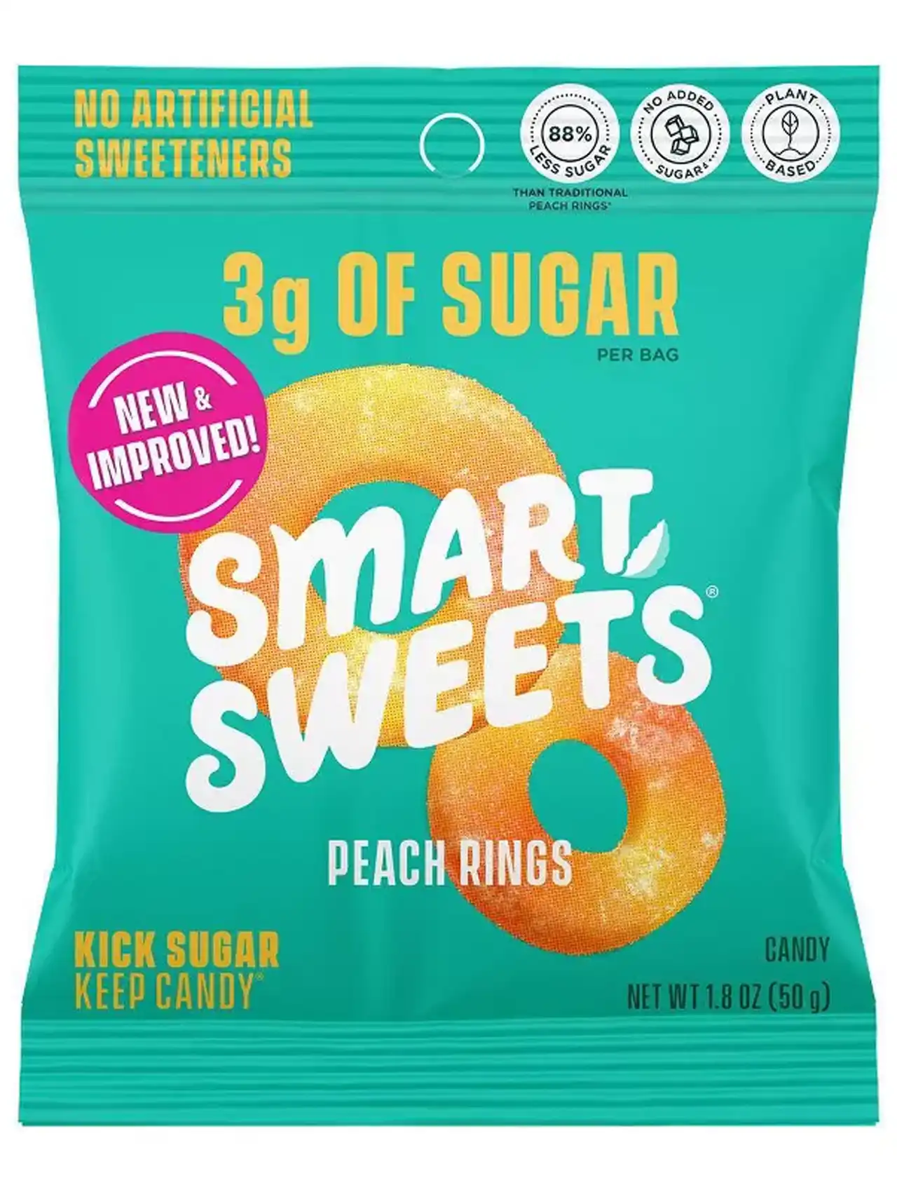 SmartSweets peach rings candy bag, plant-based vegan halloween candy.
