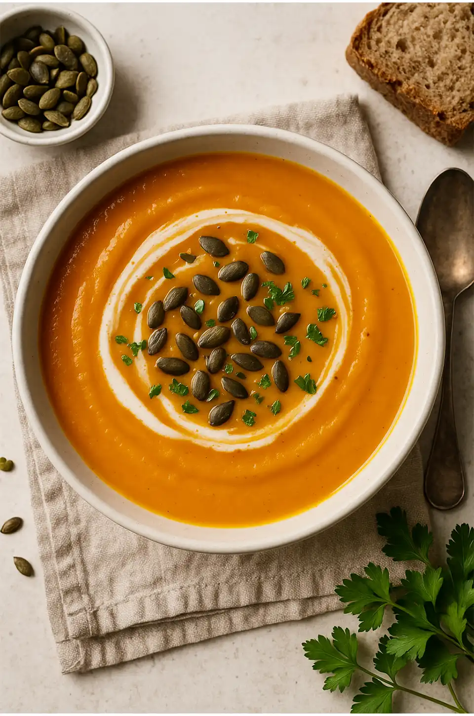 Vegan pumpkin soup topped with seeds and fresh parsley – fall soup recipes