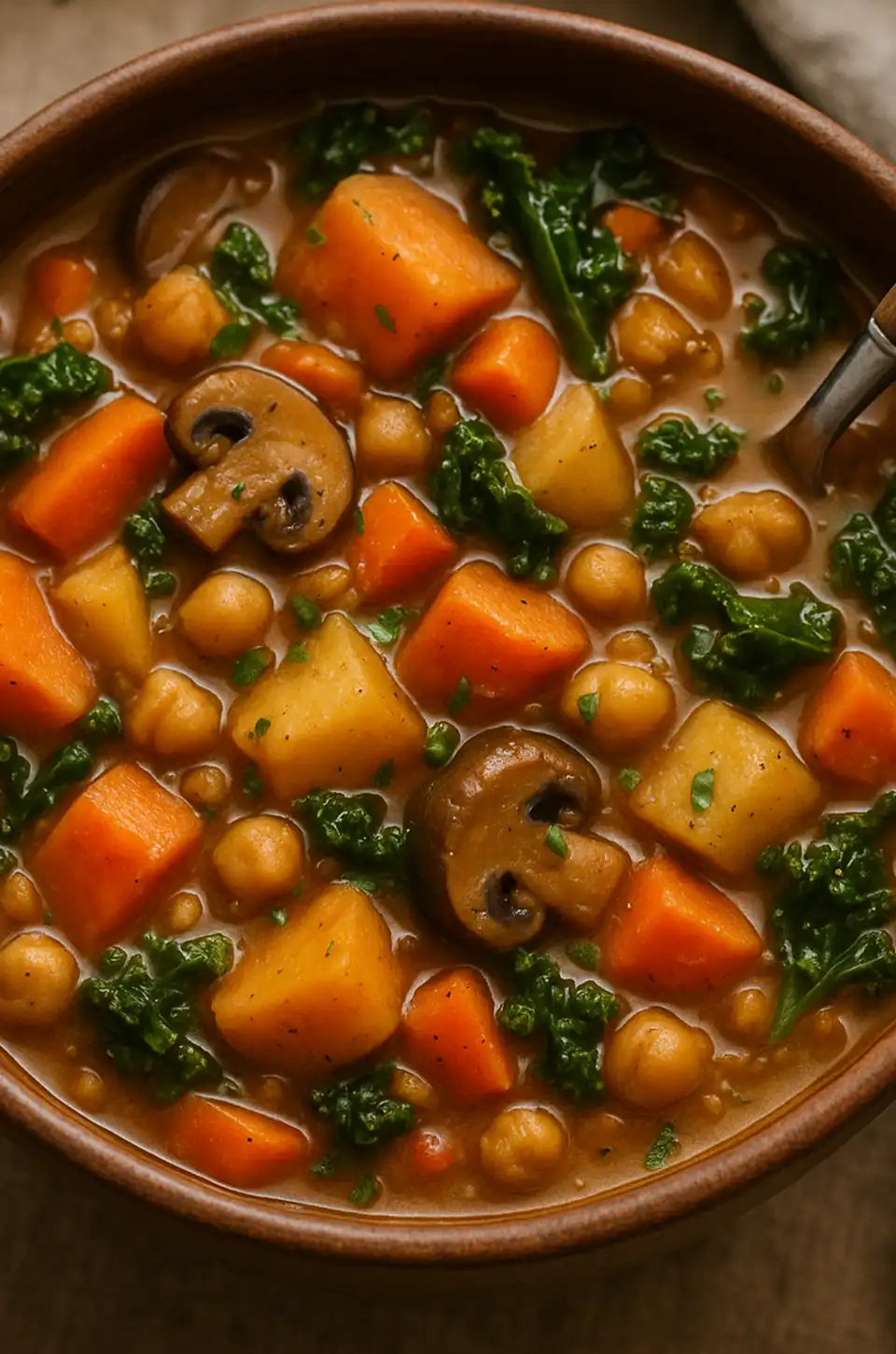 Vegan stew with carrots, potatoes, kale, and mushrooms – fall soup recipes