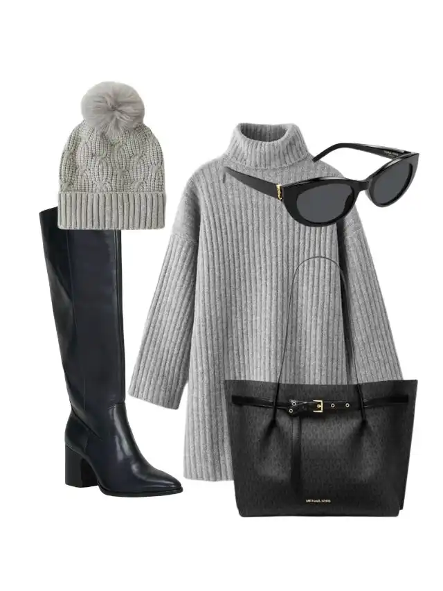 a grey sweater coat hat sunglasses and boots