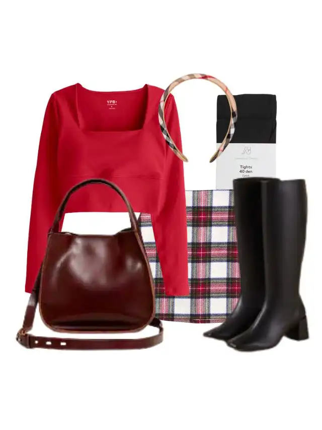 a red shirt and plaid skirt with boots and a purse