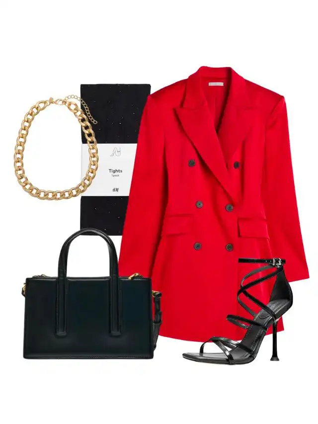 a red coat and black shoes