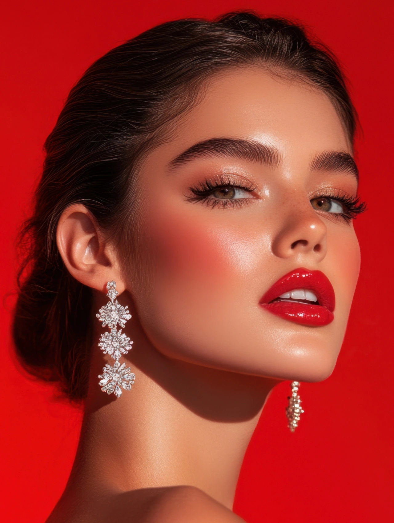 Maquillaje para San Valentín con labios rojos intensos y piel luminosa, look glam y sofisticado ideal para una cita romántica.