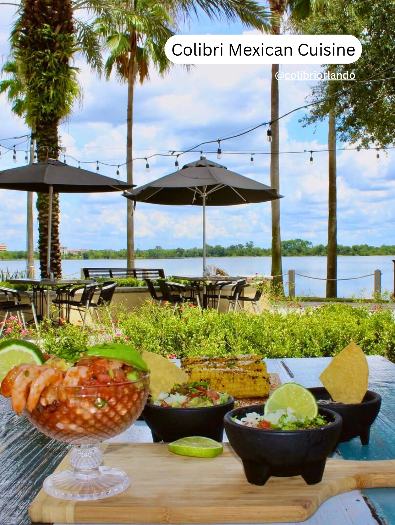 Outdoor seating with lake views at Colibri Mexican Cuisine, one of Orlando’s best pet friendly restaurants.