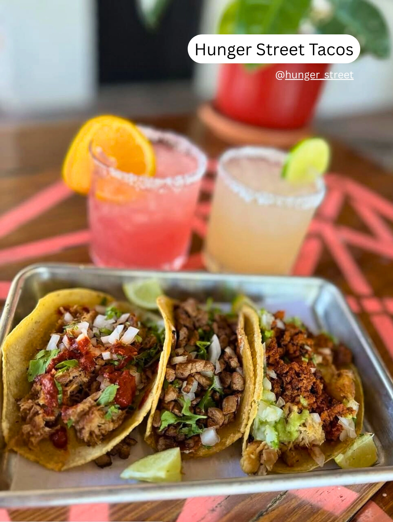 Craft tacos and drinks served at Hunger Street Tacos, a vibrant pet friendly restaurant in Orlando.
