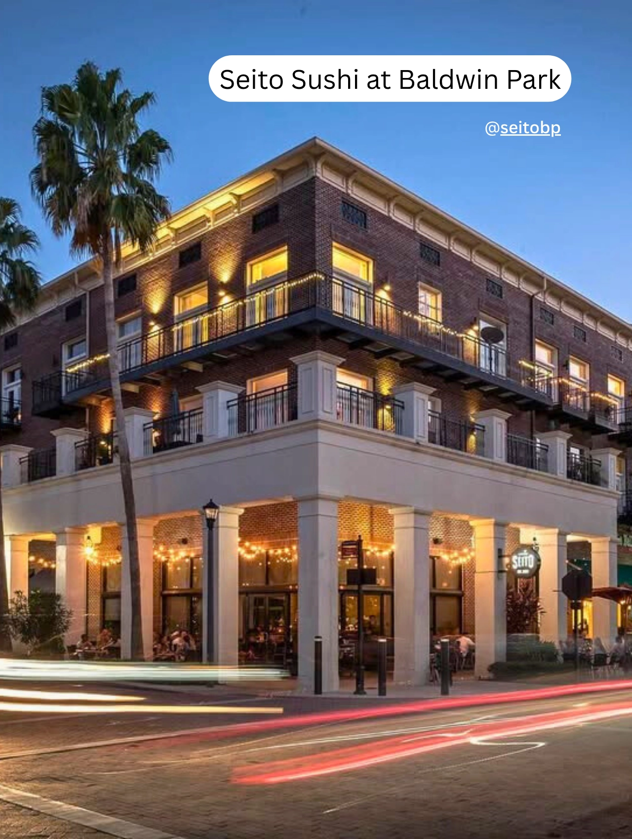 The exterior of Seito Sushi at Baldwin Park glowing at dusk, one of the elegant pet friendly restaurants in Orlando.