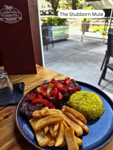 Steak and fries plate by a window at The Stubborn Mule, a stylish pet friendly restaurant in Thornton Park, Orlando.