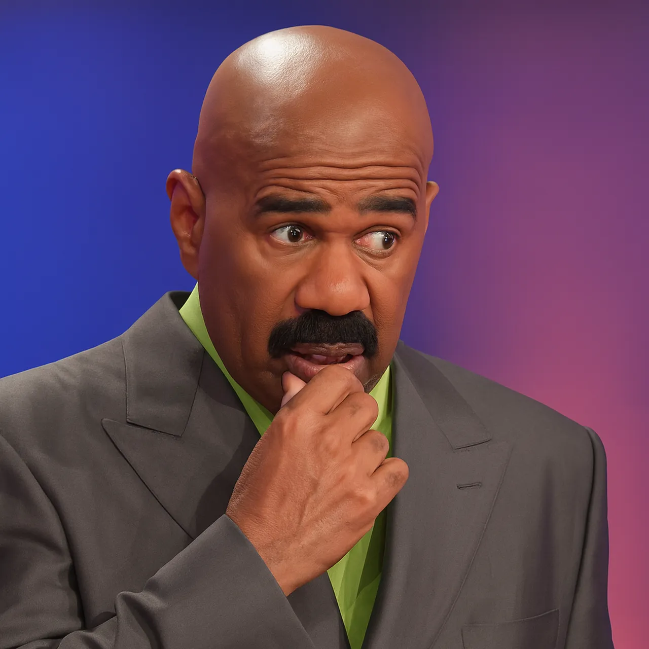 Steve Harvey shocked reaction face during a game show, perfect for illustrating Cheating Wife and Husband Stories.