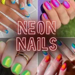 Collage of neon nails in different styles including waves, chrome, and aura