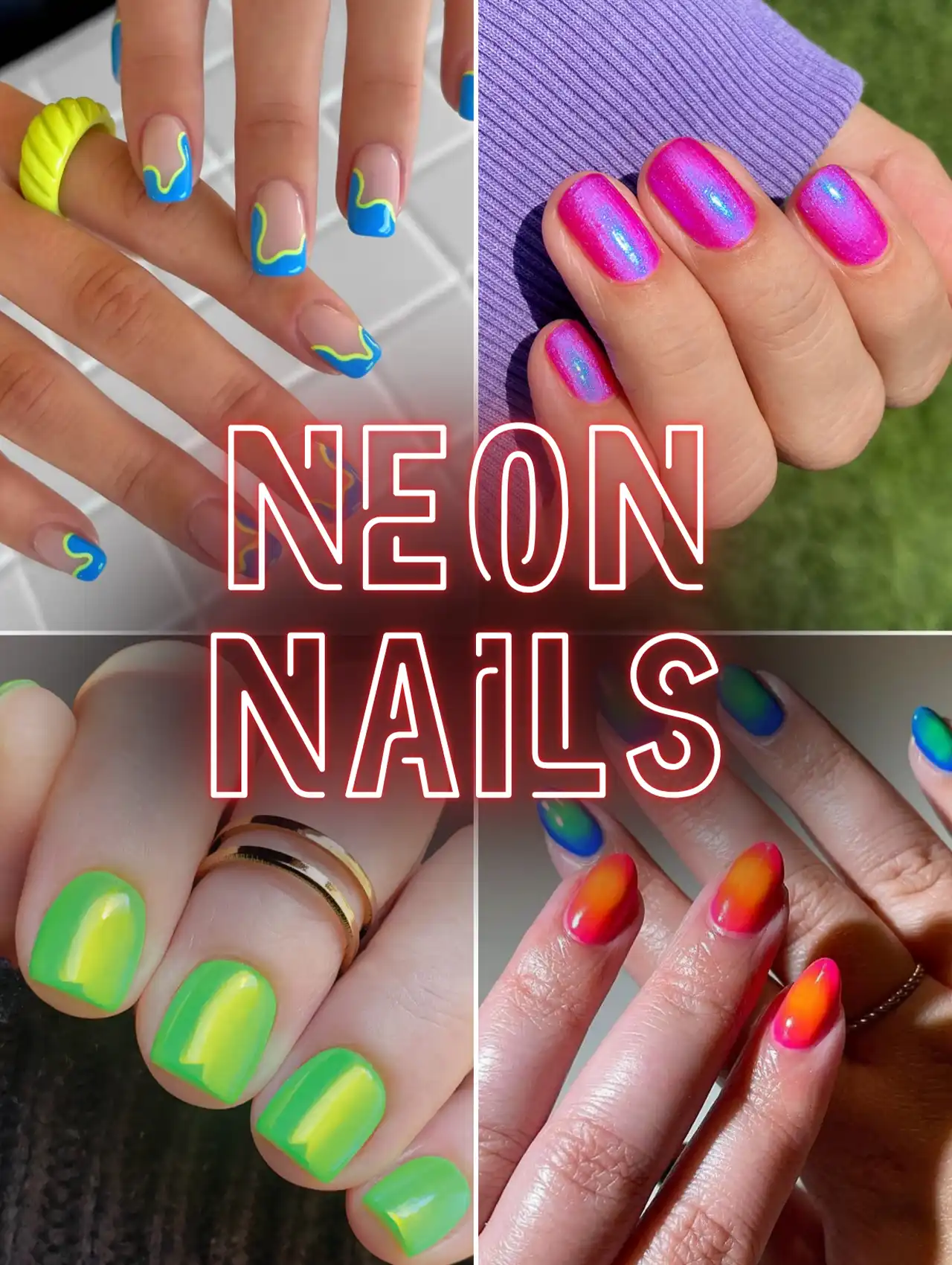 Collage of neon nails in different styles including waves, chrome, and aura