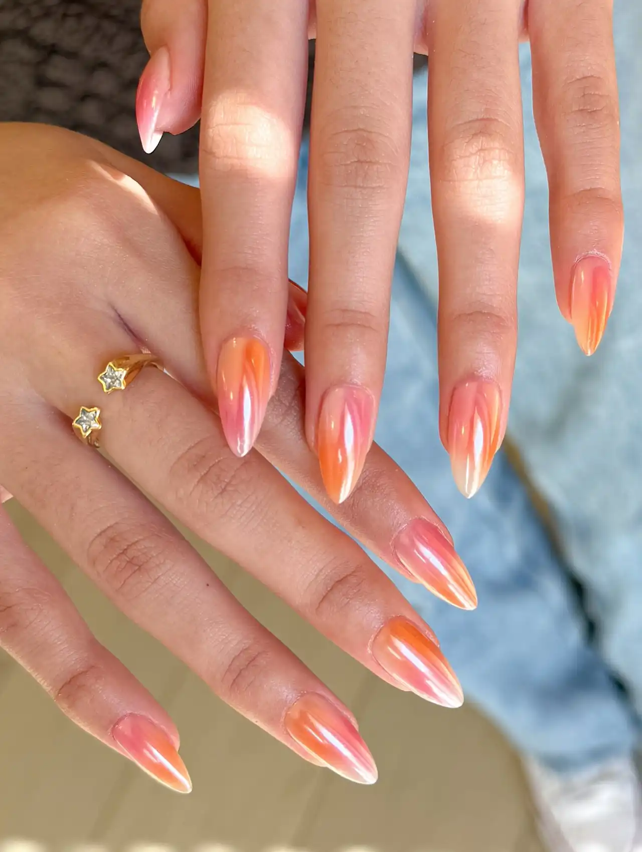 Chrome orange and peach almond-shaped nails – summer nail designs