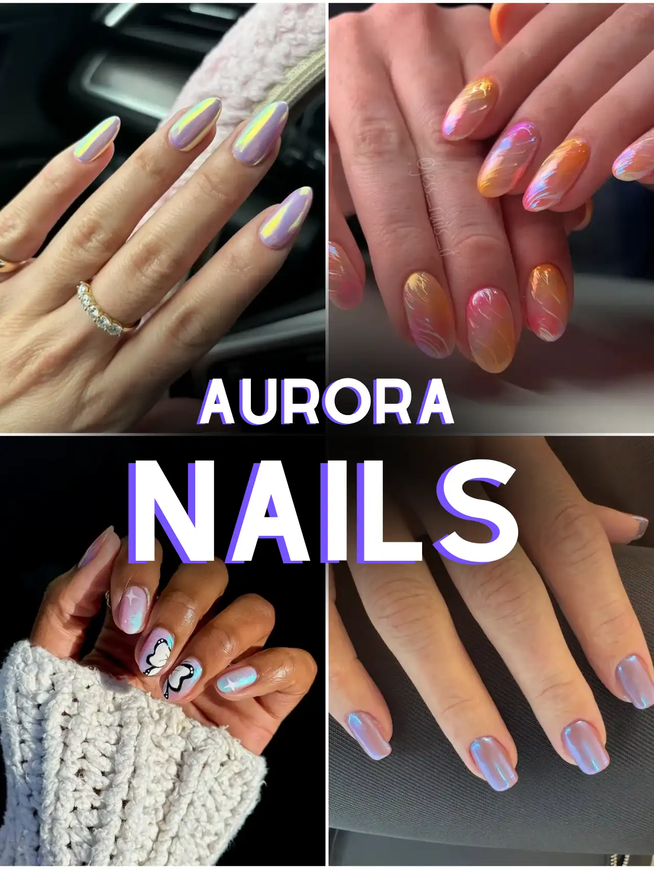 Collage of aurora nail design ideas 2025 featuring butterfly accents, textured chrome, and pastel shimmer