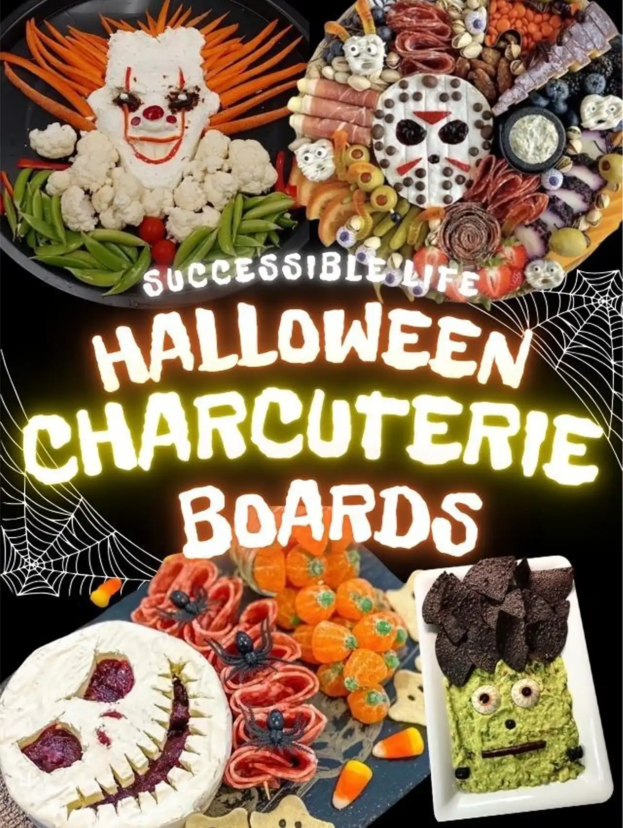 Collage of creative halloween charcuterie boards including Frankenstein, Pennywise, and Jack Skellington.