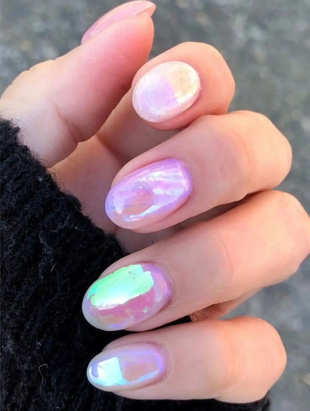 Pastel rainbow chrome aurora nails showcasing aurora nail design ideas