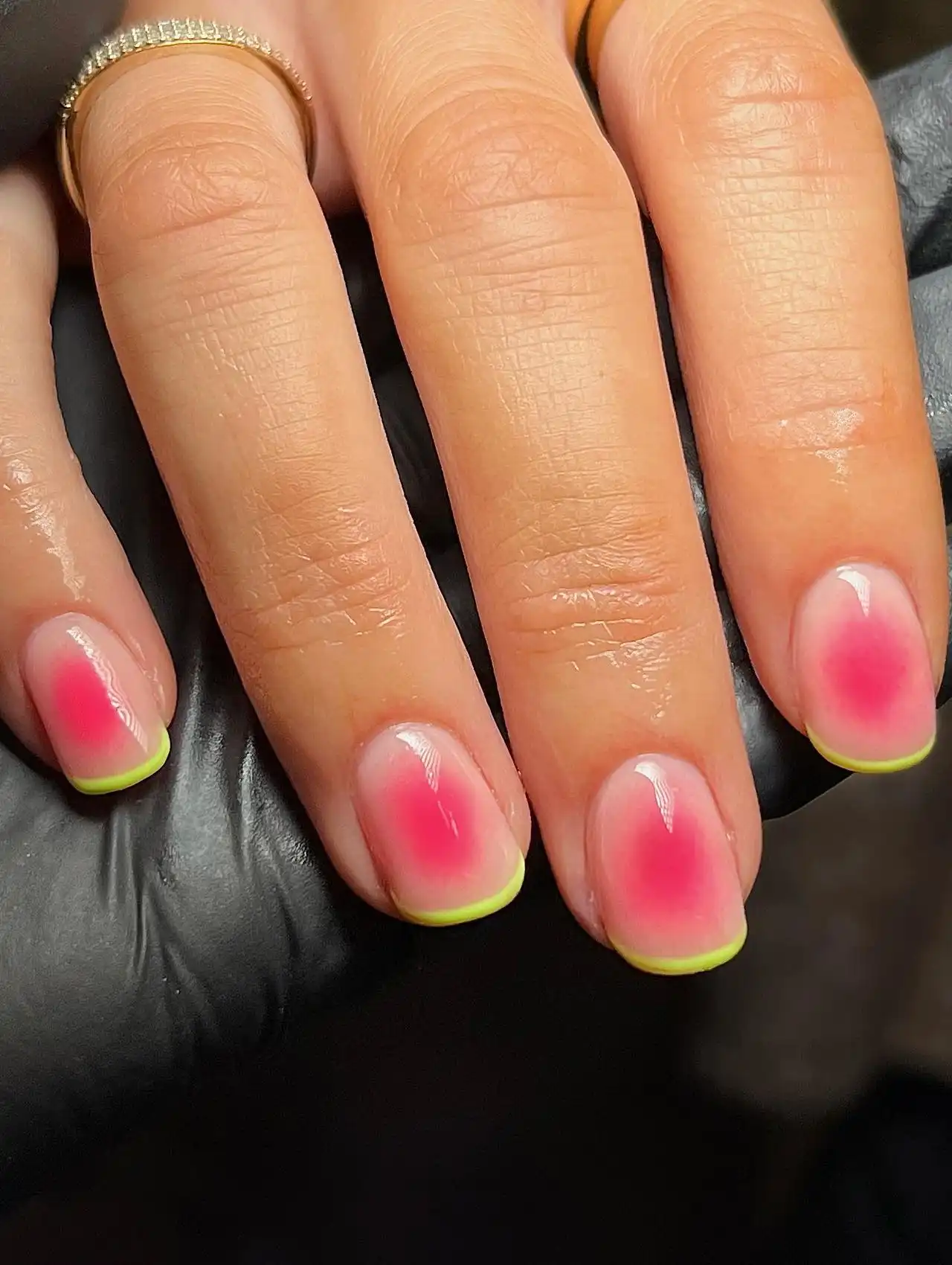 Watermelon-inspired gradient nails with neon green tips – summer nail design