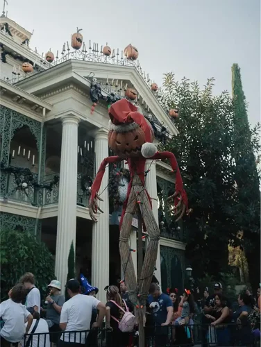 Jack Skellington and pumpkin decorations at Disney’s Haunted Mansion during Halloween.