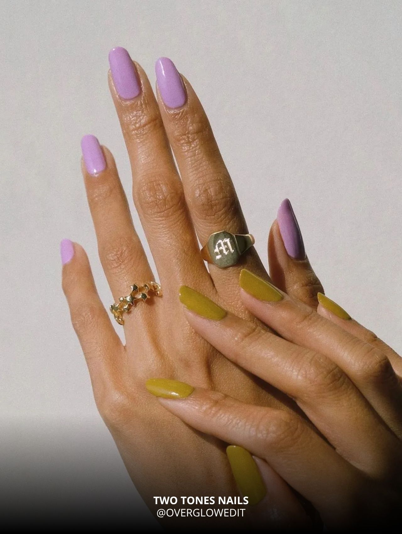 Two-tone fall nail design in lavender and olive green