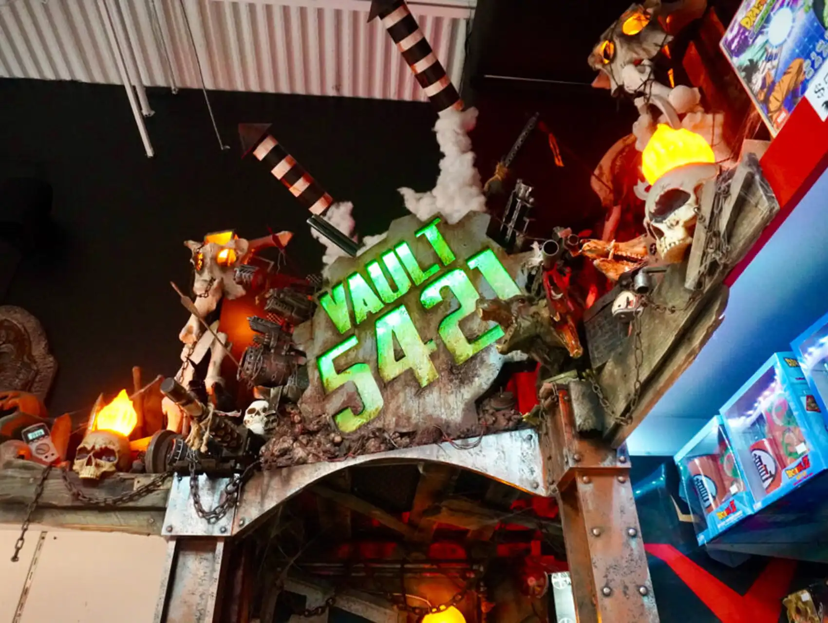 Vault 5421 bar entrance in Orlando decorated with skulls, neon lights, and apocalyptic props for a halloween bar crawl.
