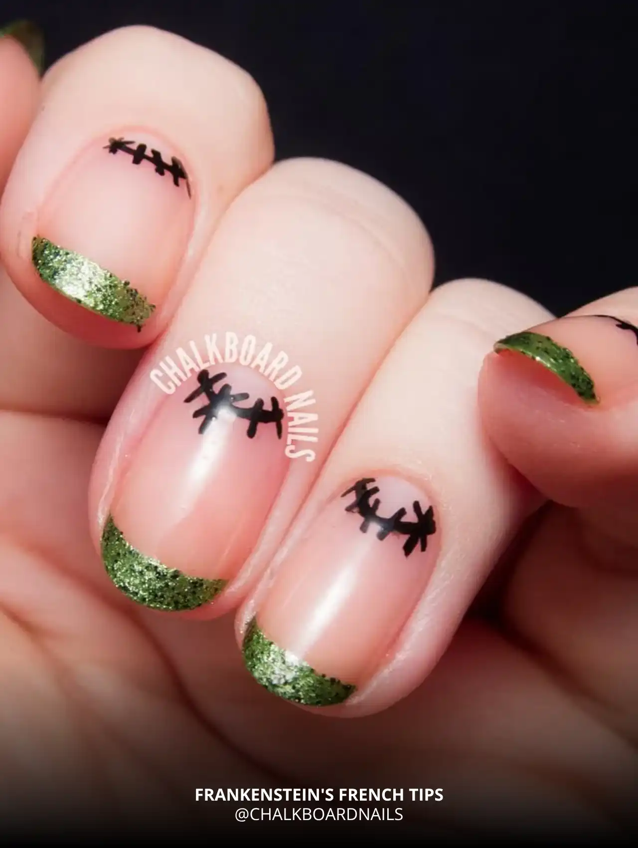 Frankenstein French tips with green glitter and black stitch design, trendy Halloween nails