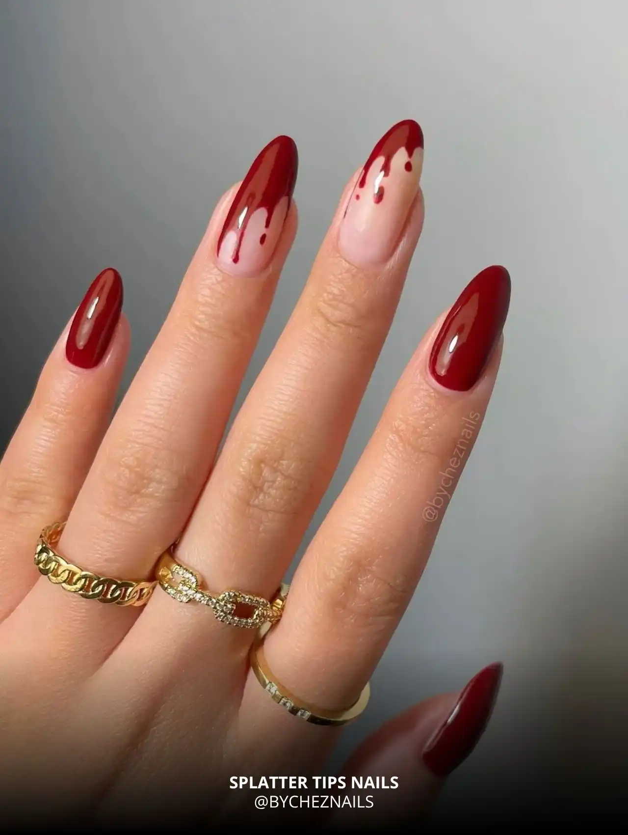 Red splatter blood tip nails on nude base, trendy Halloween nails