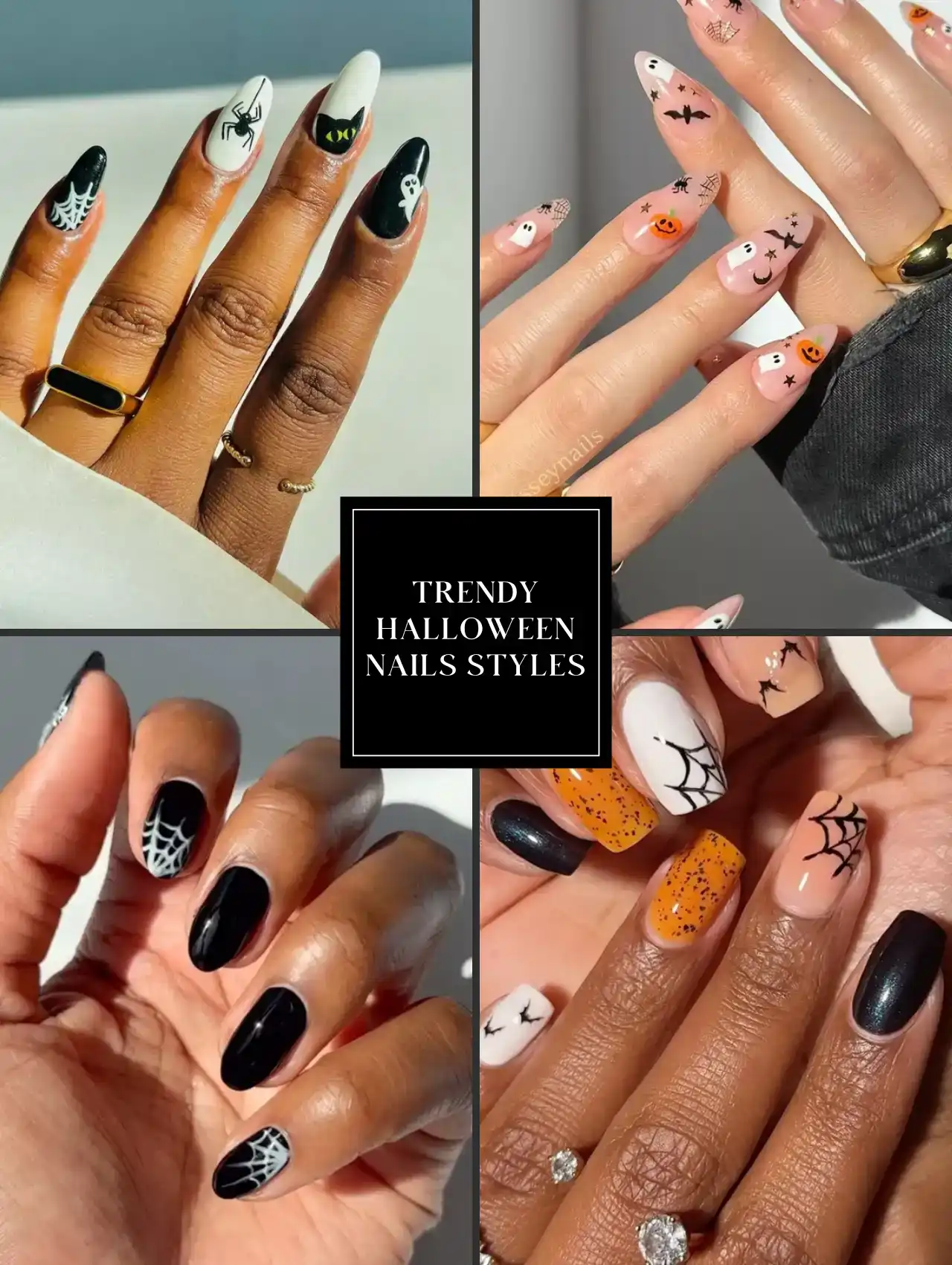 Collage featuring different trendy Halloween nails styles including spiderwebs, ghosts, and bats