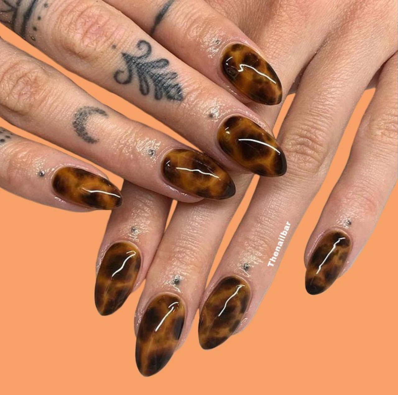 Uñas en tendencia otoño con diseño animal print estilo carey en tonos marrones y negros.