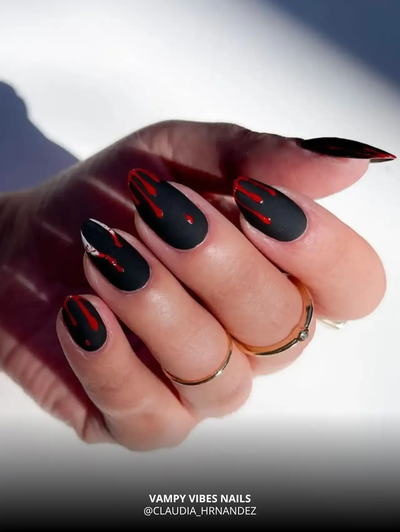 Matte black nails with glossy red blood drips, trendy Halloween nails