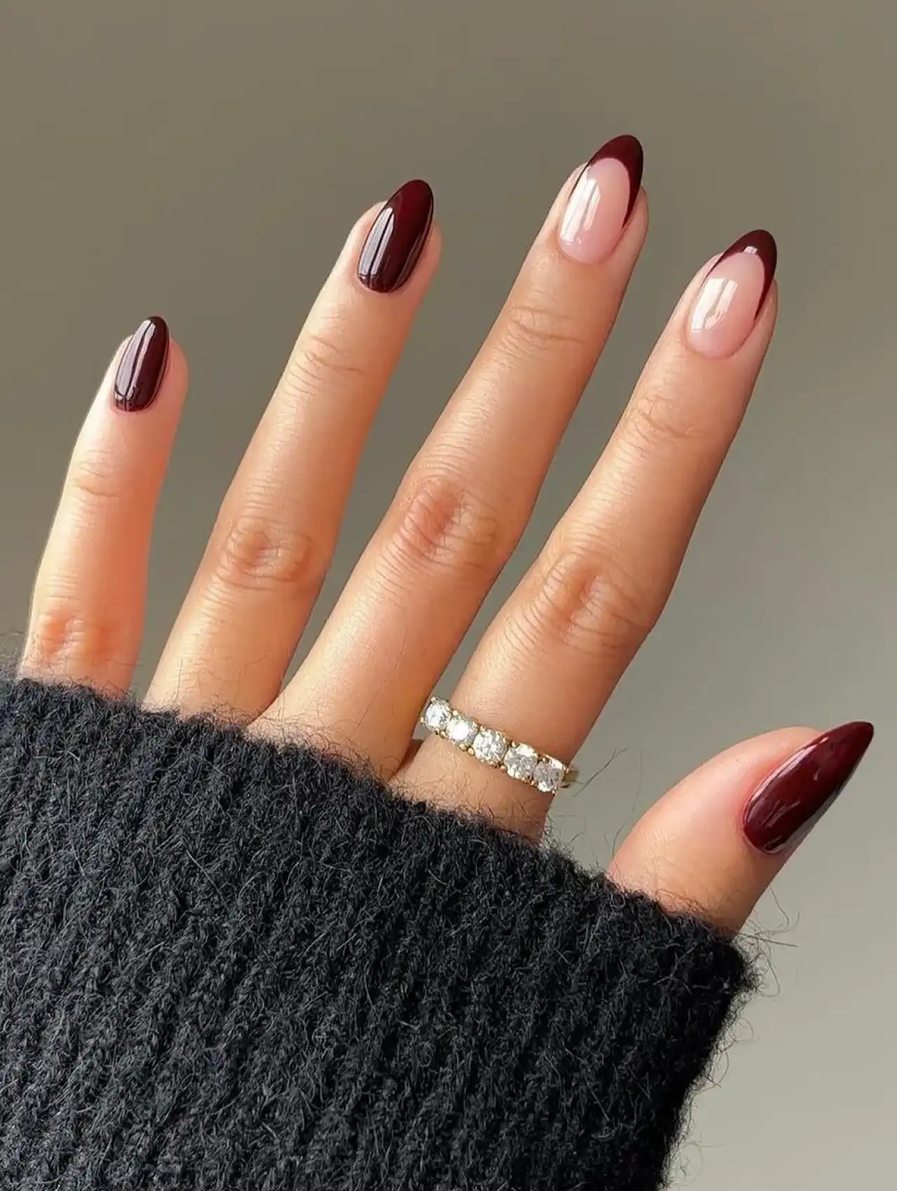 Cranberry red Thanksgiving nails with glossy deep red French tips