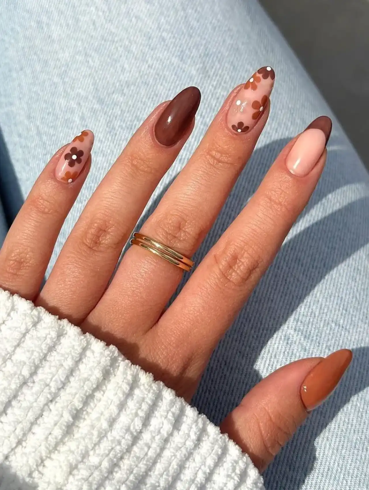Thanksgiving nails with daisy flower accents on nude base