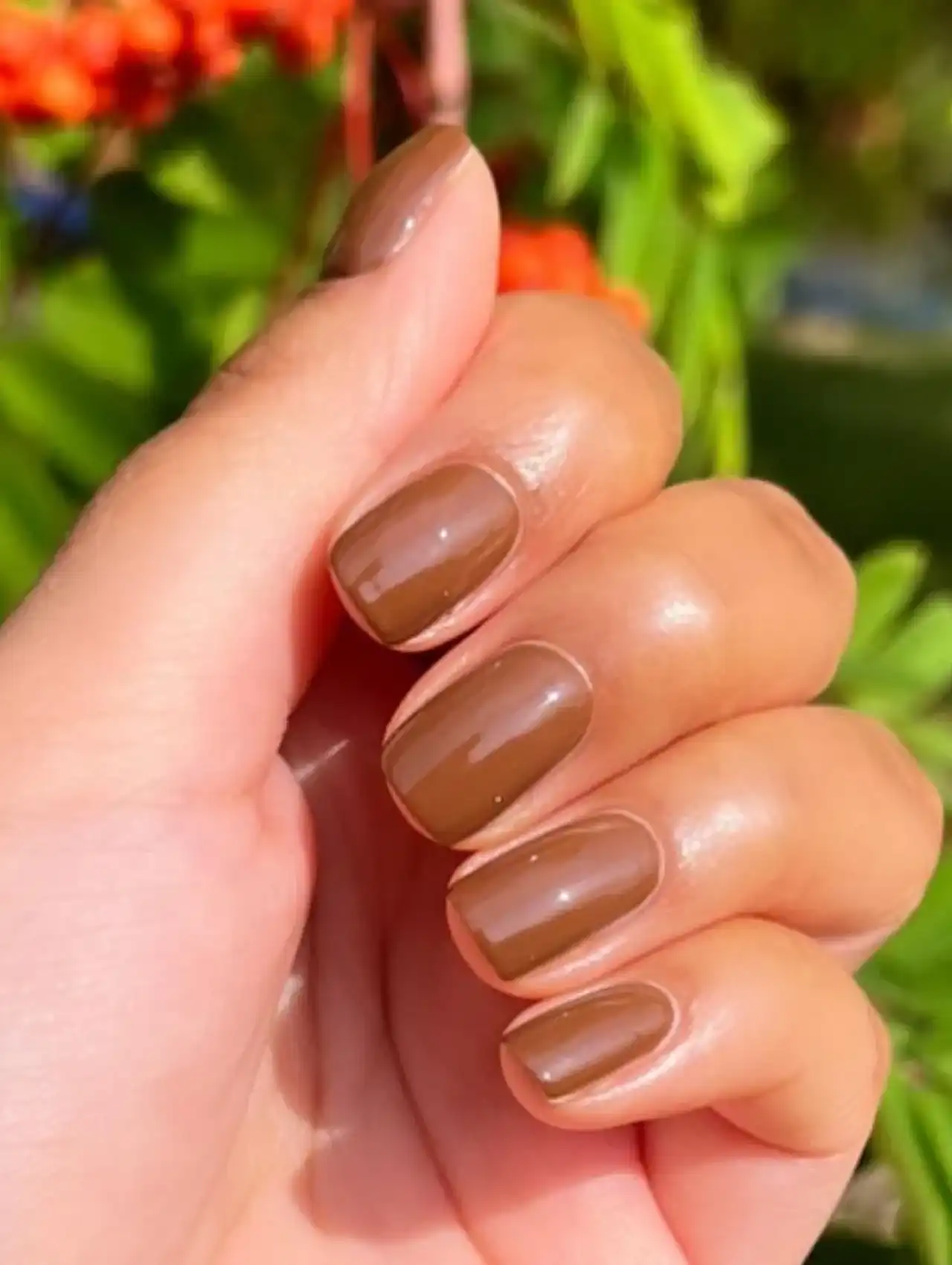 Thanksgiving nails in warm gravy brown with glossy finish