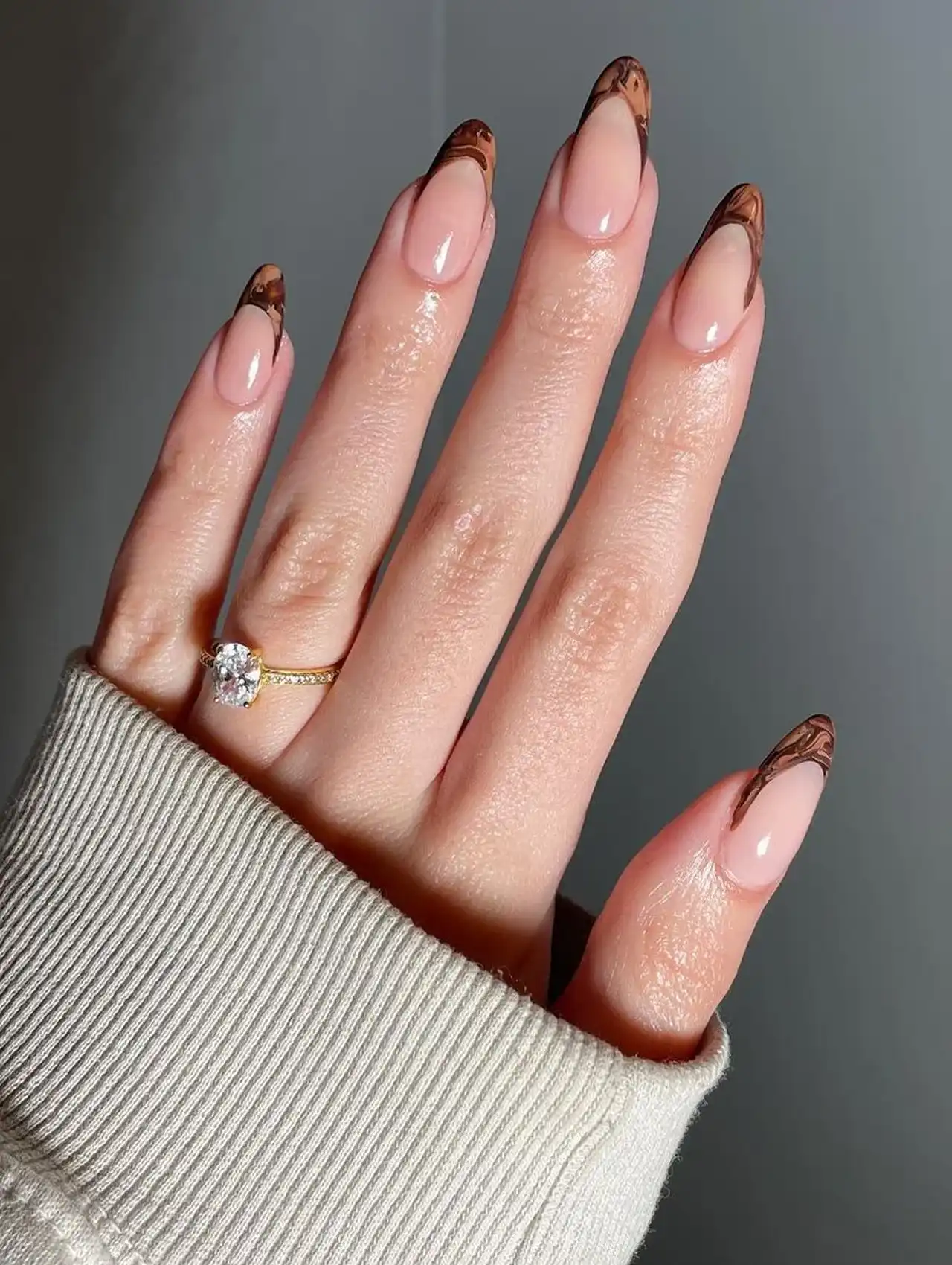 French press november nail design with brown marble tips