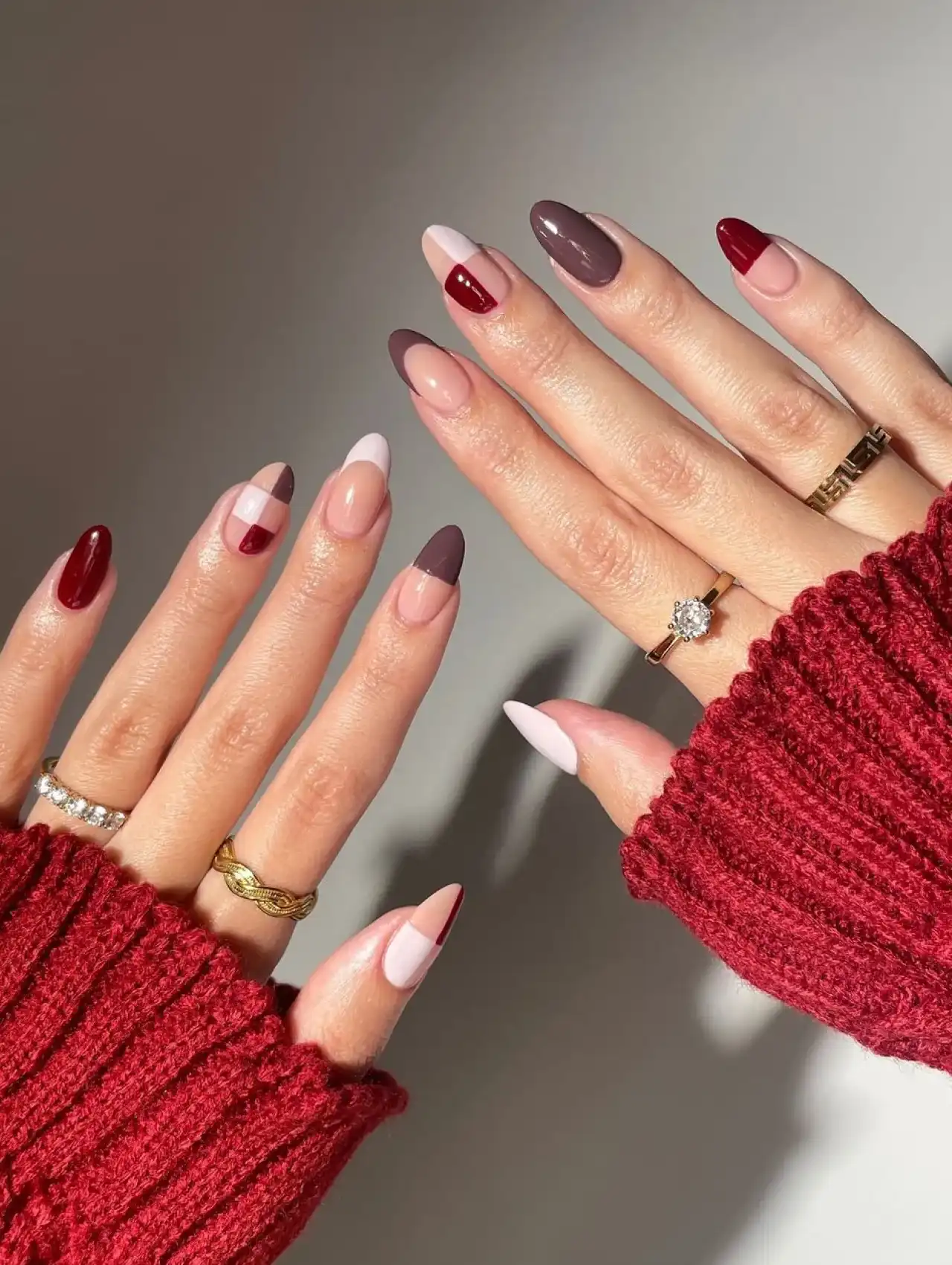 Modern and funky Thanksgiving nails featuring bold color blocks and creative autumn designs