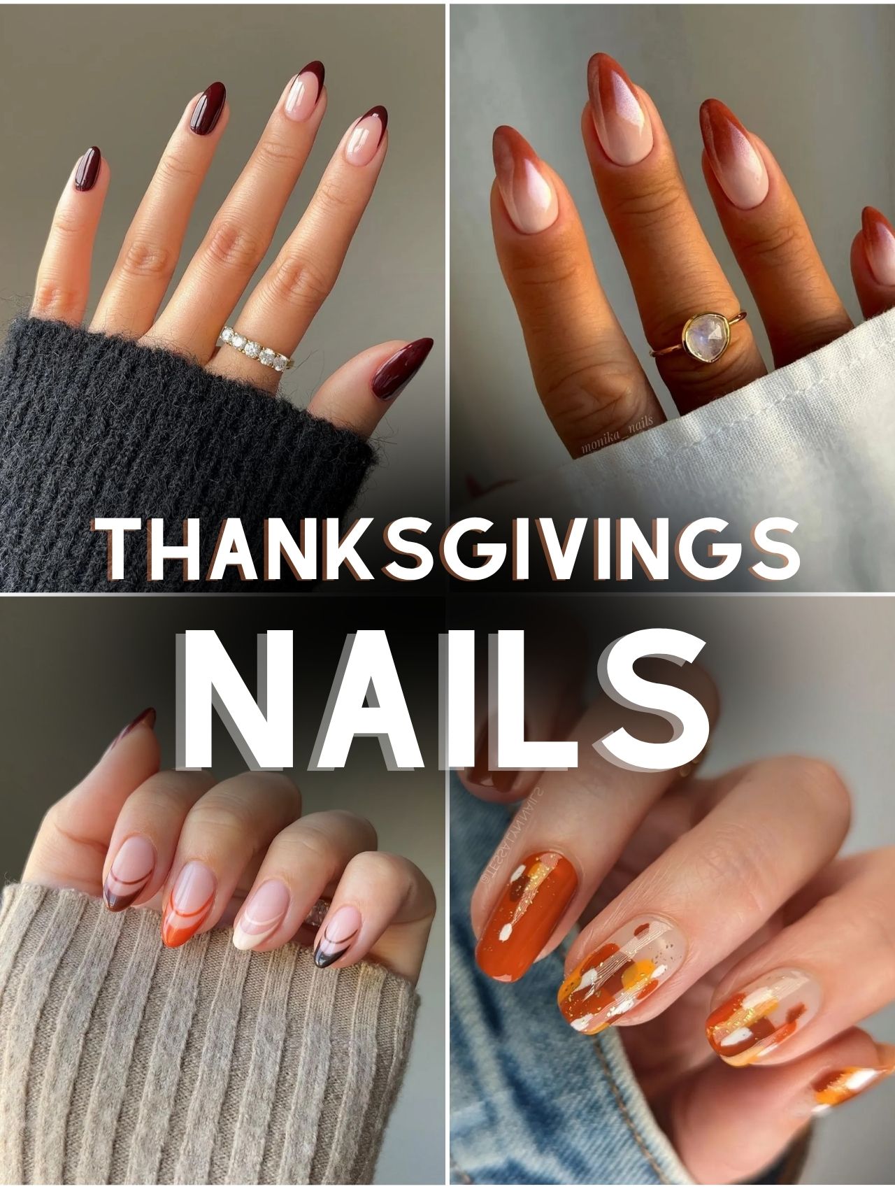 Thanksgiving nails collage showing four designs: deep burgundy French tips, cinnamon ombre, micro French swirl tips, and abstract orange with gold accents
