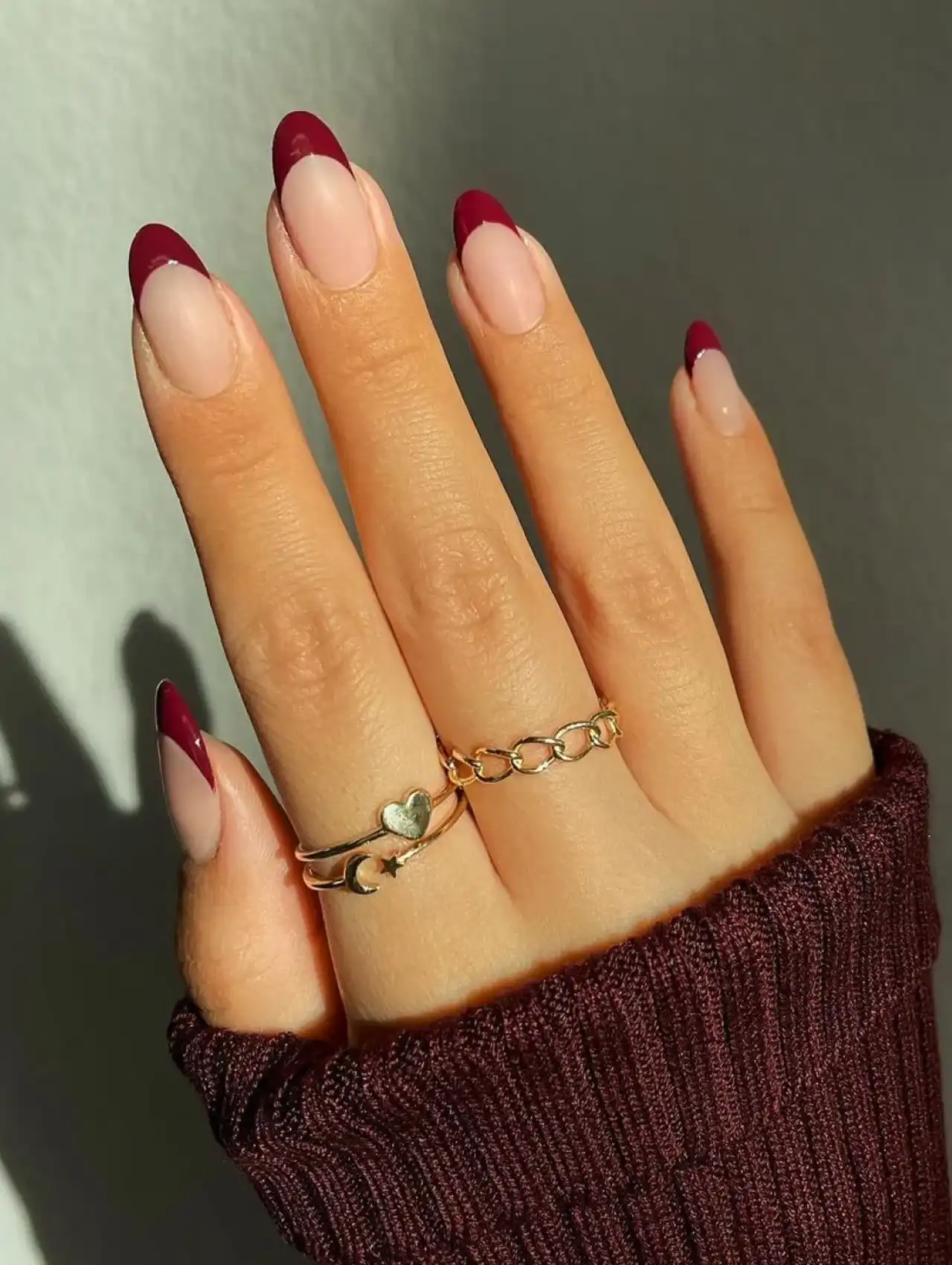 Wine red French manicure Thanksgiving nails with nude base