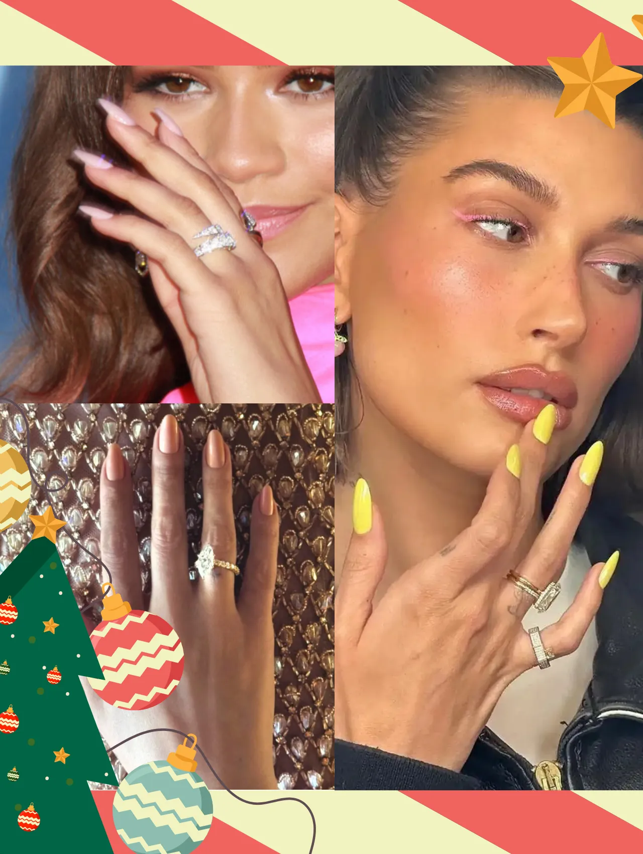 Celebrity Christmas Nail Design Inspiration collage featuring Hailey Bieber and Zendaya holiday manicure trends.