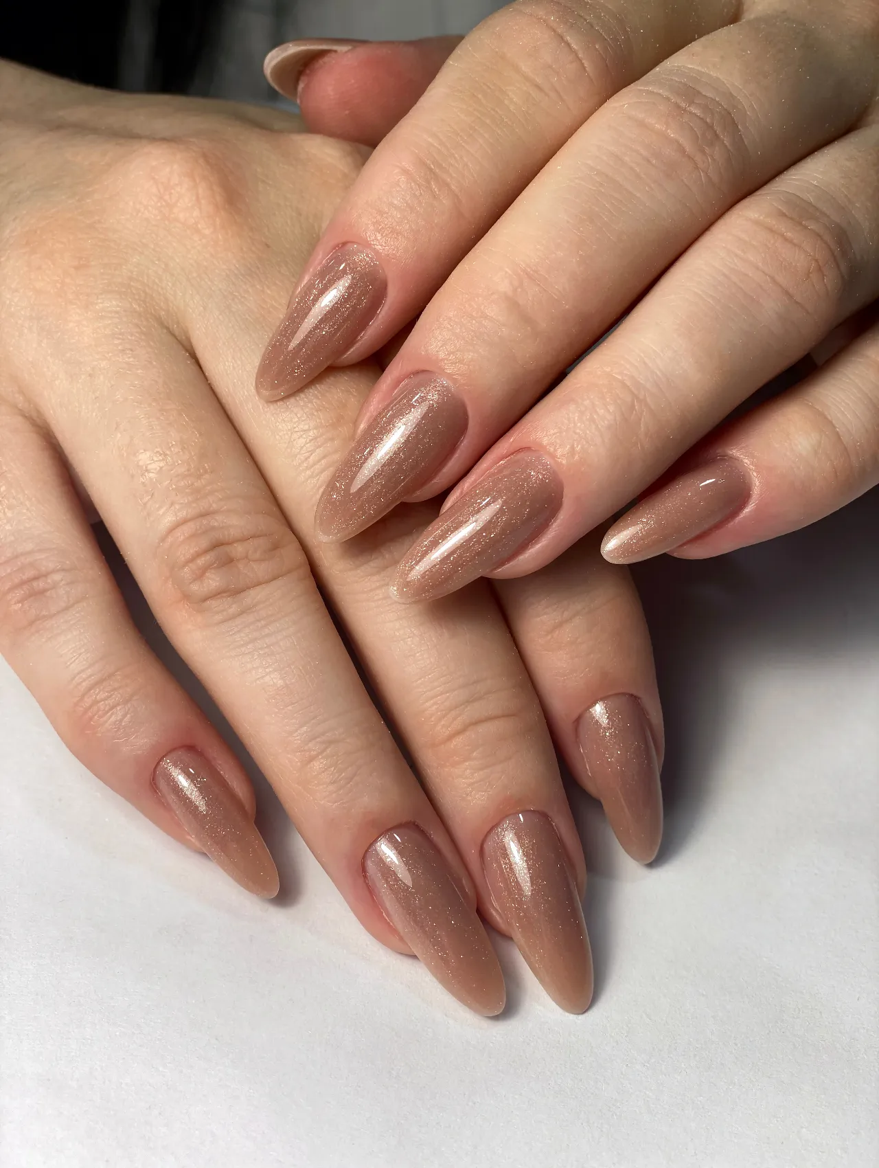 Christmas Nail Trends Final, elegant nude shimmer manicure for the Christmas Nail Trends article.