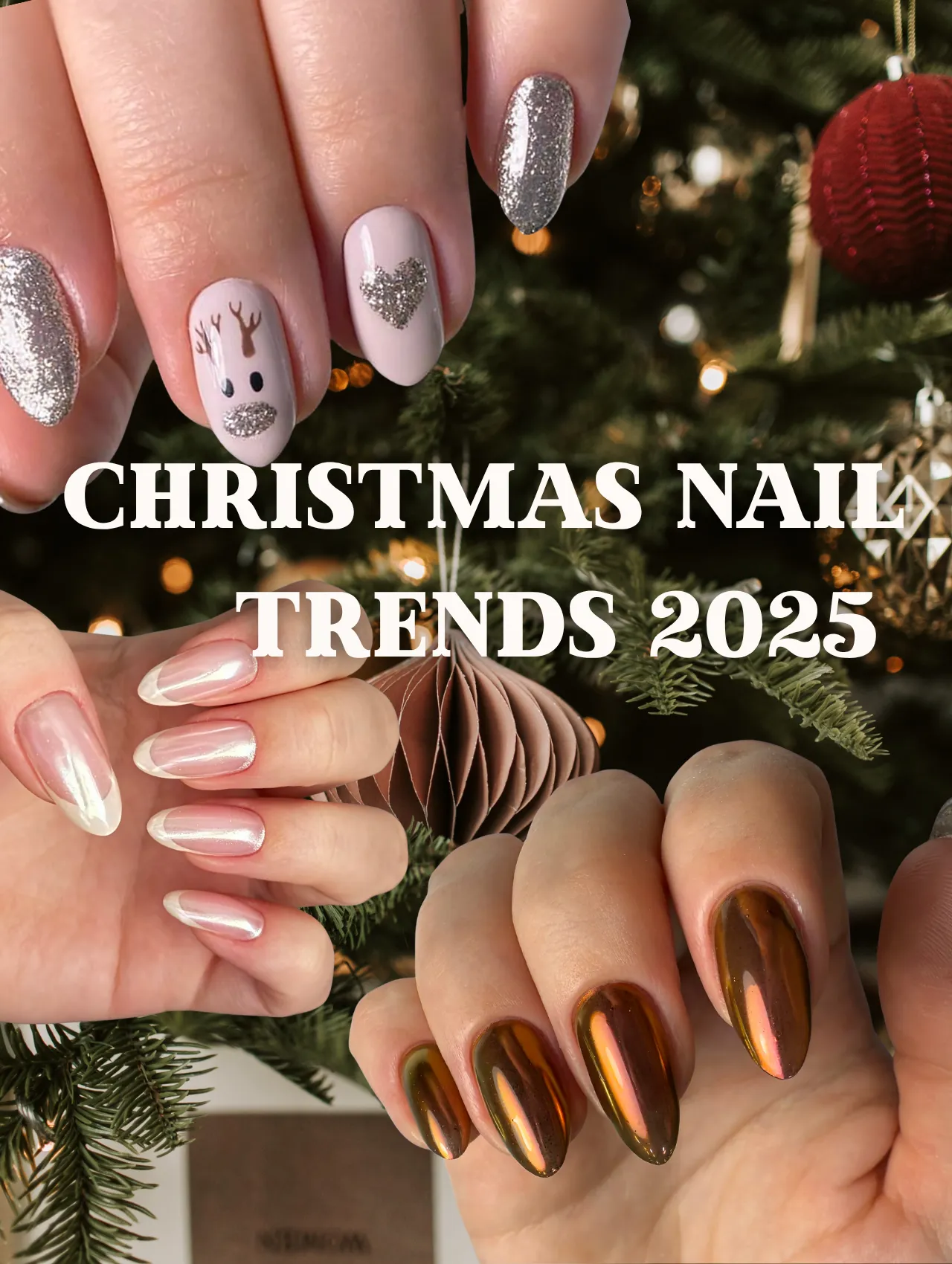 Christmas Nail Trends Instagram vs TikTok collage featuring holiday nail designs for the Christmas Nail Trends guide.