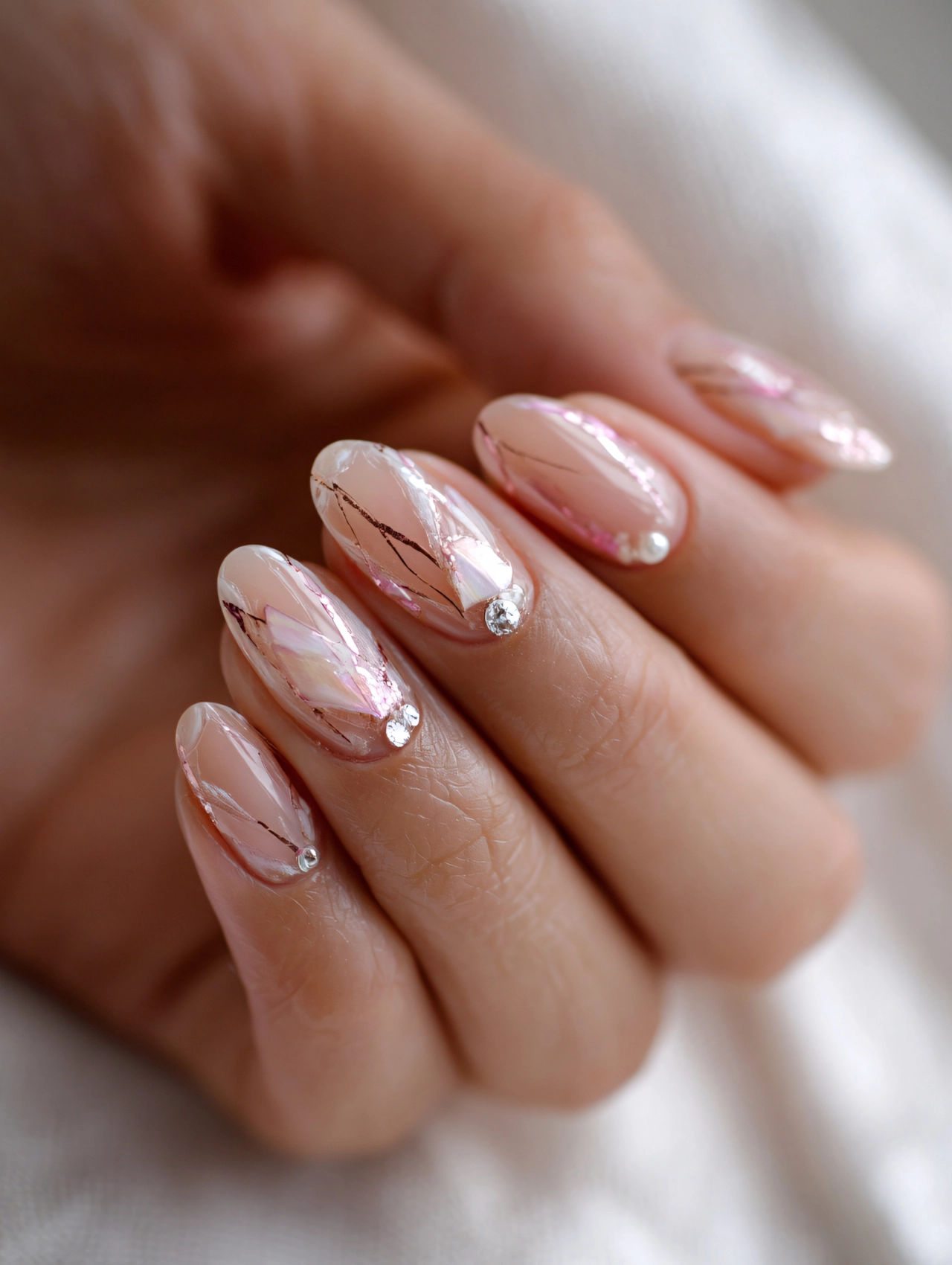 Luxurious rose quartz foil manicure design for New Year Eve Nails featuring metallic accents and rhinestone details.