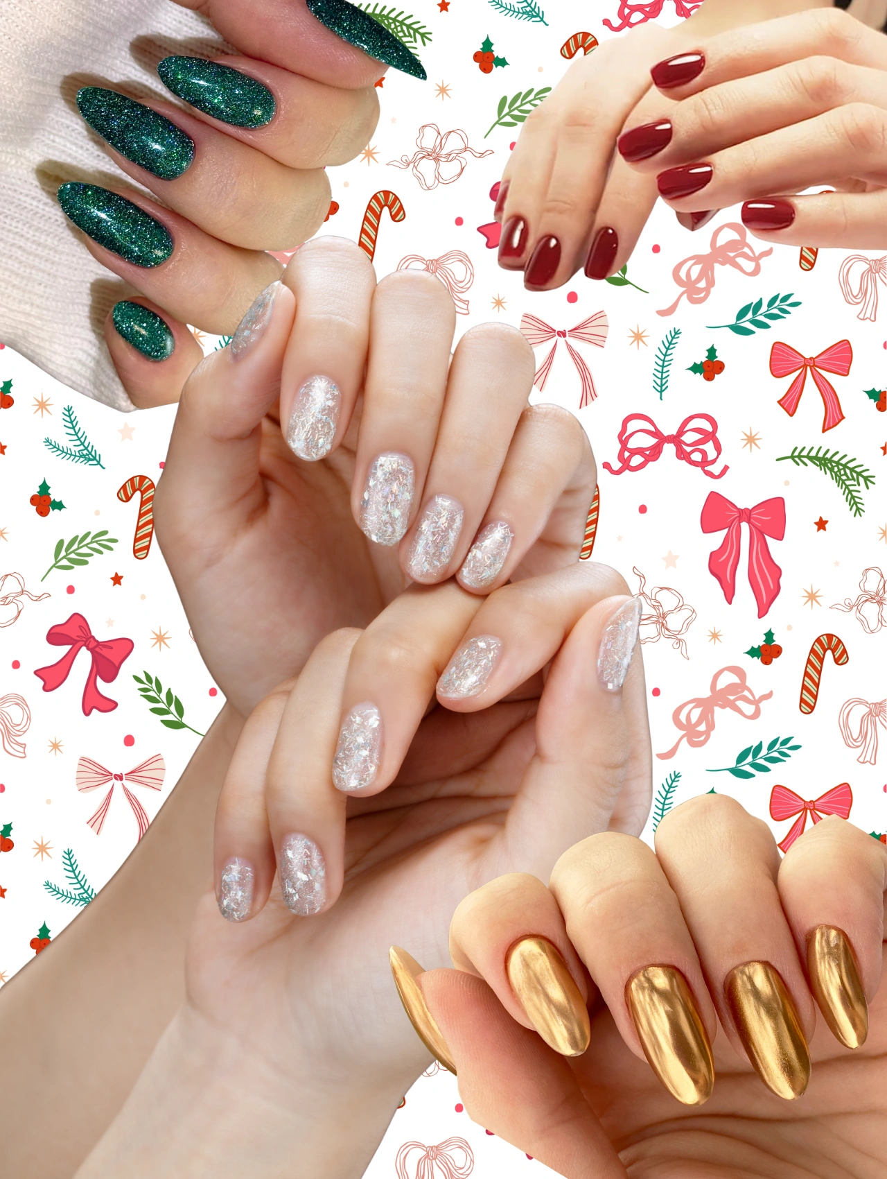 Collage of Various Christmas Nail designs including green glitter, red polish, gold chrome, and silver sparkle.