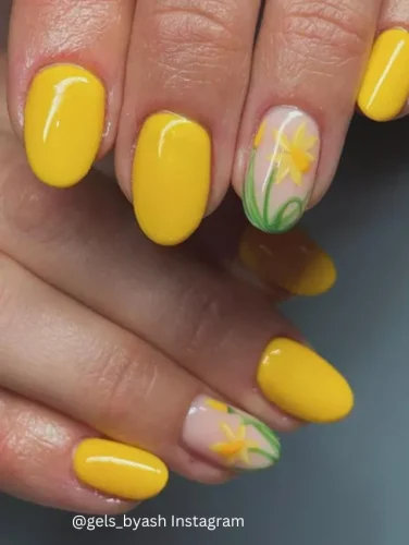 🌼🌟 Capture the joy of spring with the "Daffodil Daydream" nail design. This vibrant look features a sunny yellow base that instantly evokes the cheerfulness of blooming daffodils. One accent nail on each hand is artistically designed with a delicate daffodil illustration, complete with soft green stems and white petals that add a touch of nature-inspired whimsy. Ideal for those who want to brighten up their style with a splash of color, this design is perfect for daily wear or special spring events. Unique keywords: sunny yellow nails, daffodil illustration, cheerful spring nails.