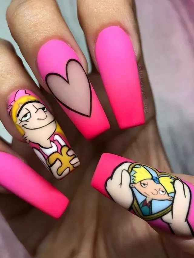 Playful and nostalgic, this hot pink matte nail set features a beloved cartoon-inspired design showcasing an iconic love-struck character holding onto her crush. With bold outlines, a soft heart accent, and vibrant hues, this set is perfect for expressing fun, youthful love. The mix of character art and negative space hearts makes it a standout Valentine's Day look for those who adore quirky, creative nail art!