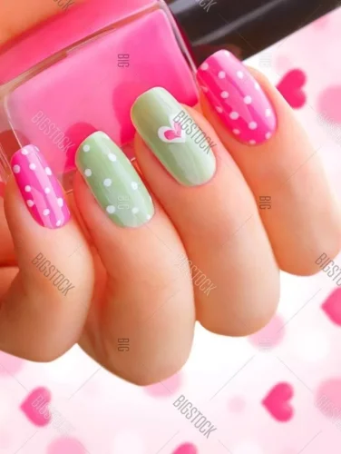 A fun and fresh Valentine's nail design featuring a charming mix of soft pink and pastel green shades. White polka dots add a playful touch, while a delicate white and pink heart accent on the green nail brings the romantic vibe. This cheerful combination is perfect for those who love a cute and whimsical look for the season of love! 💕🎀