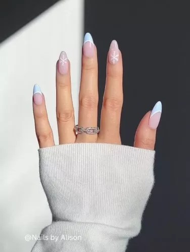  Icy Blue French Tip Winter Nails with Delicate Snowflakes