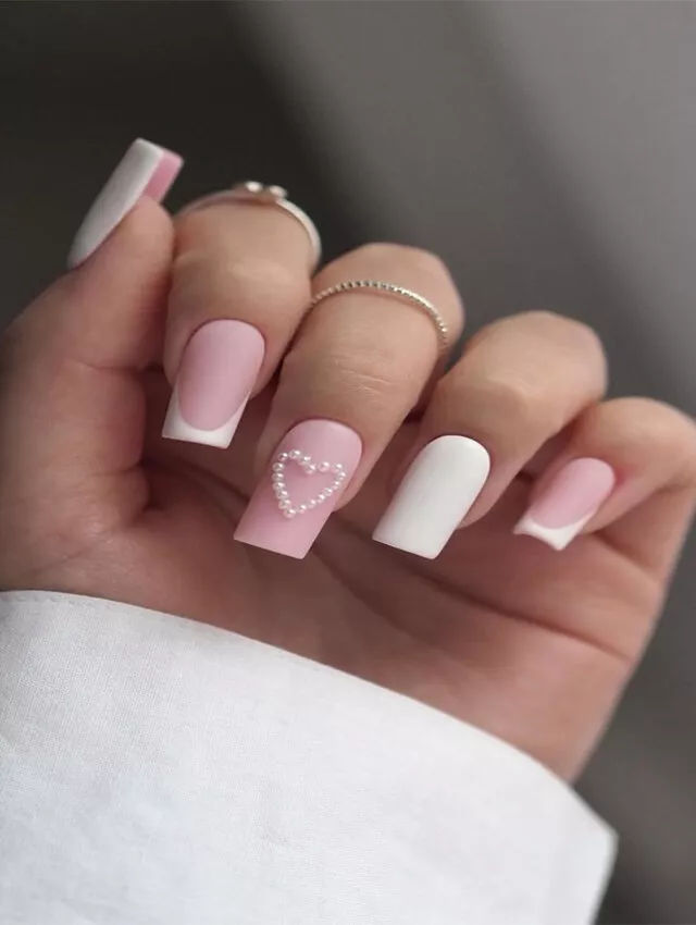 Pearled Heart Elegance Valentines nails matte